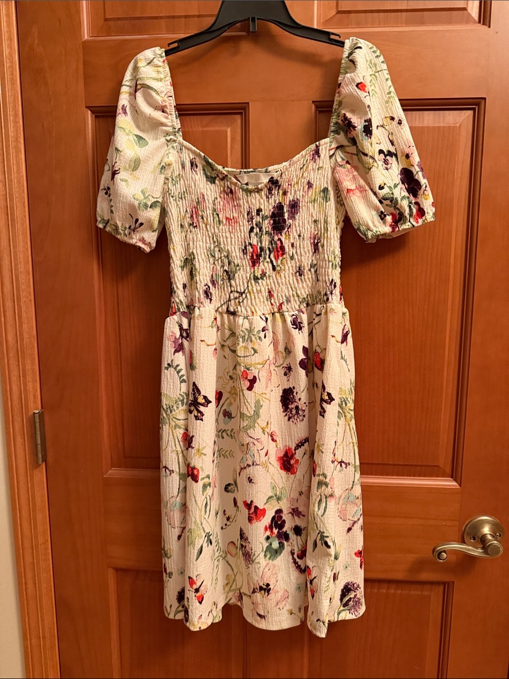 H&M Cream Floral Smocked Puff-Sleeve Dress with Multicolor Print